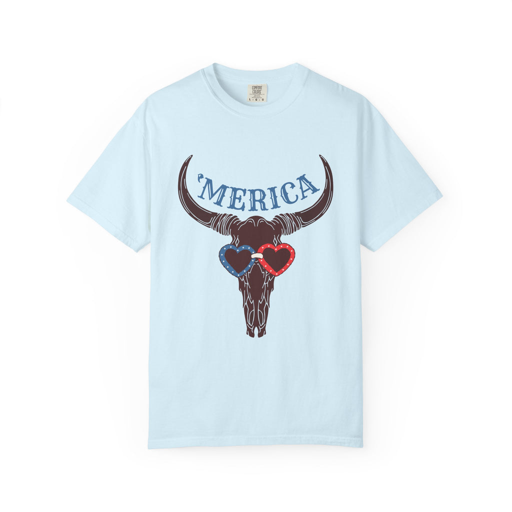 'Merica Longhorn T-Shirt — Patriotic Skull with Red & Blue Heart Sunglasses