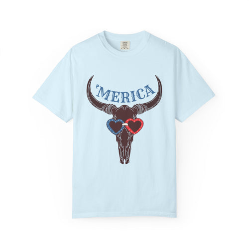 'Merica Longhorn T-Shirt — Patriotic Skull with Red & Blue Heart Sunglasses