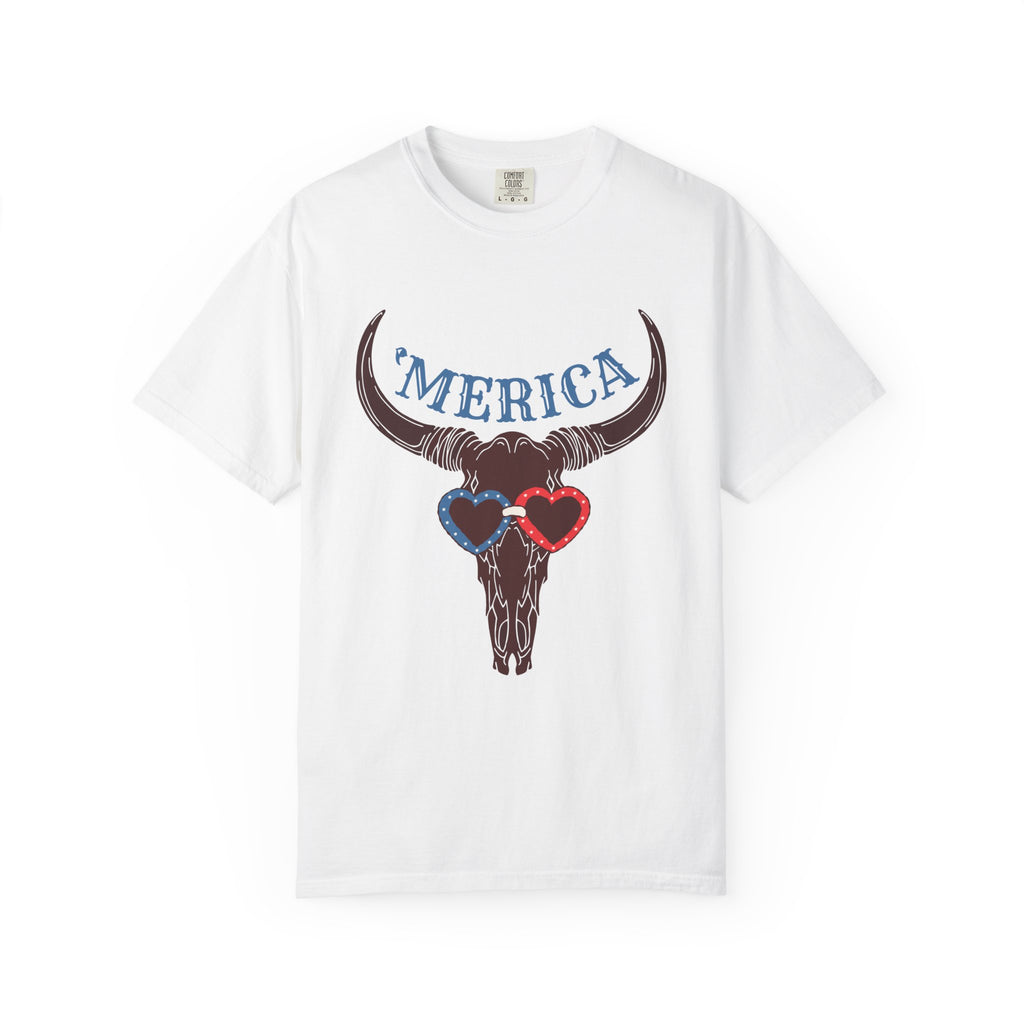 'Merica Longhorn T-Shirt — Patriotic Skull with Red & Blue Heart Sunglasses