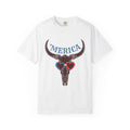 'Merica Longhorn T-Shirt — Patriotic Skull with Red & Blue Heart Sunglasses