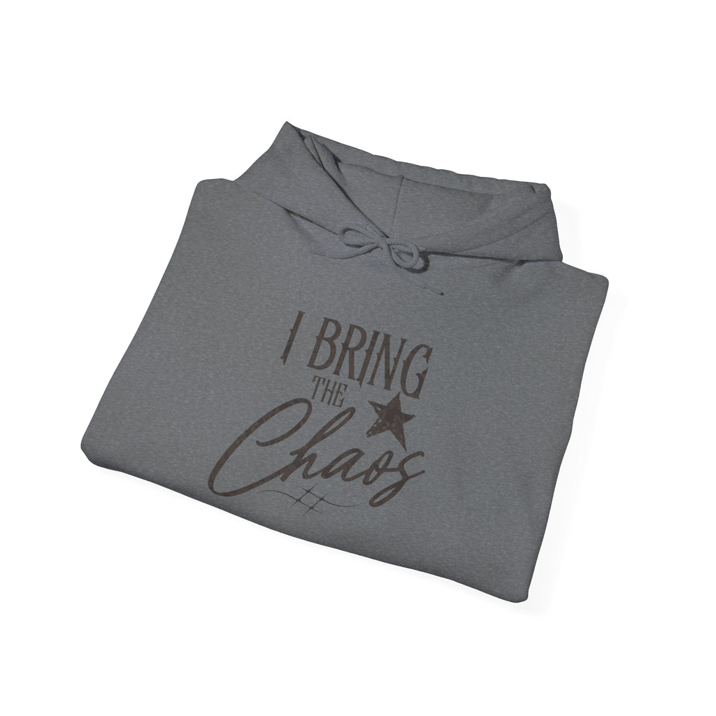 Chaos Hoodie - "I Bring The Chaos" Graphic Hooded Sweatshirt with Sleeve Text
