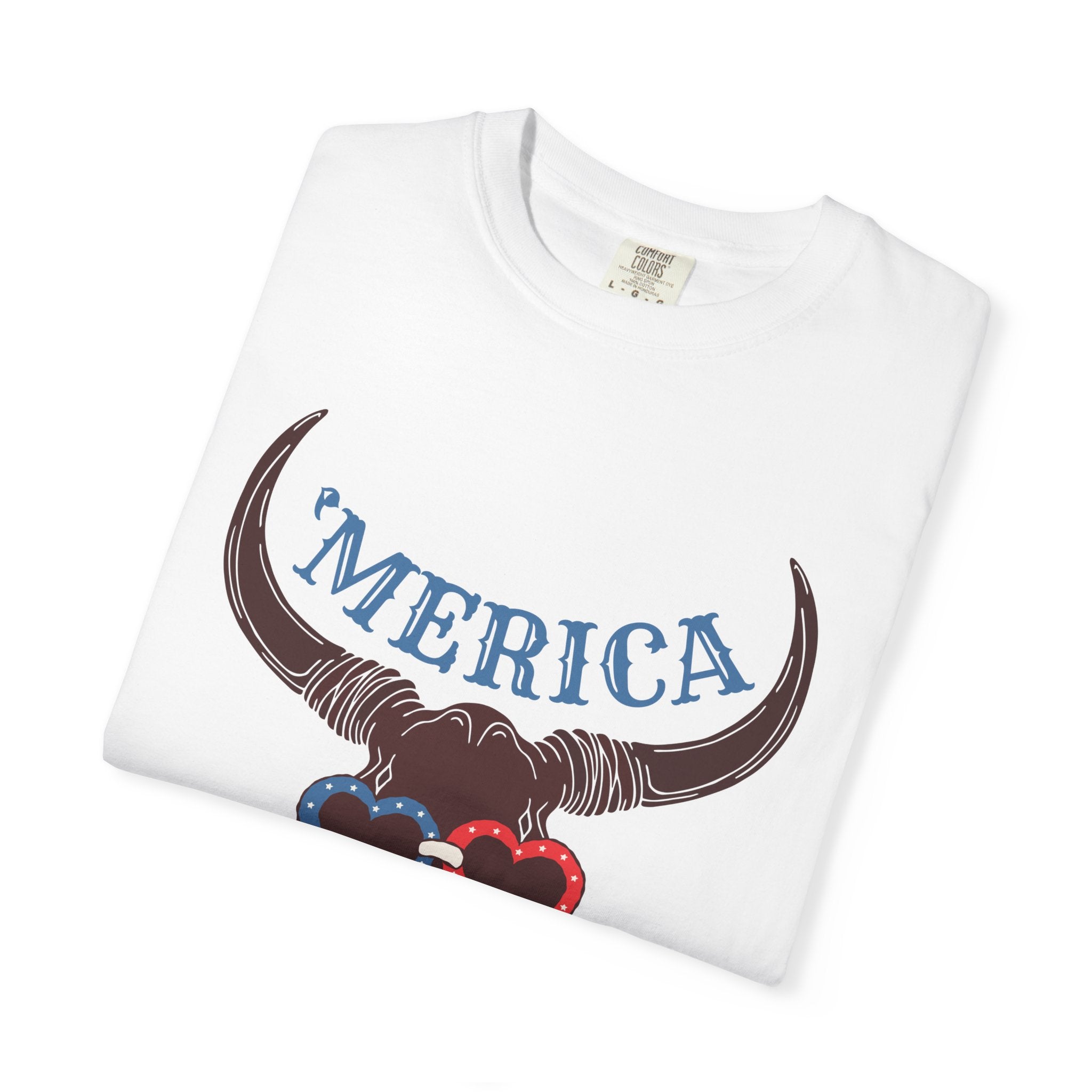 'Merica Longhorn T-Shirt — Patriotic Skull with Red & Blue Heart Sunglasses