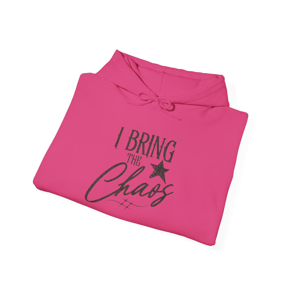 Chaos Hoodie - "I Bring The Chaos" Graphic Hooded Sweatshirt with Sleeve Text