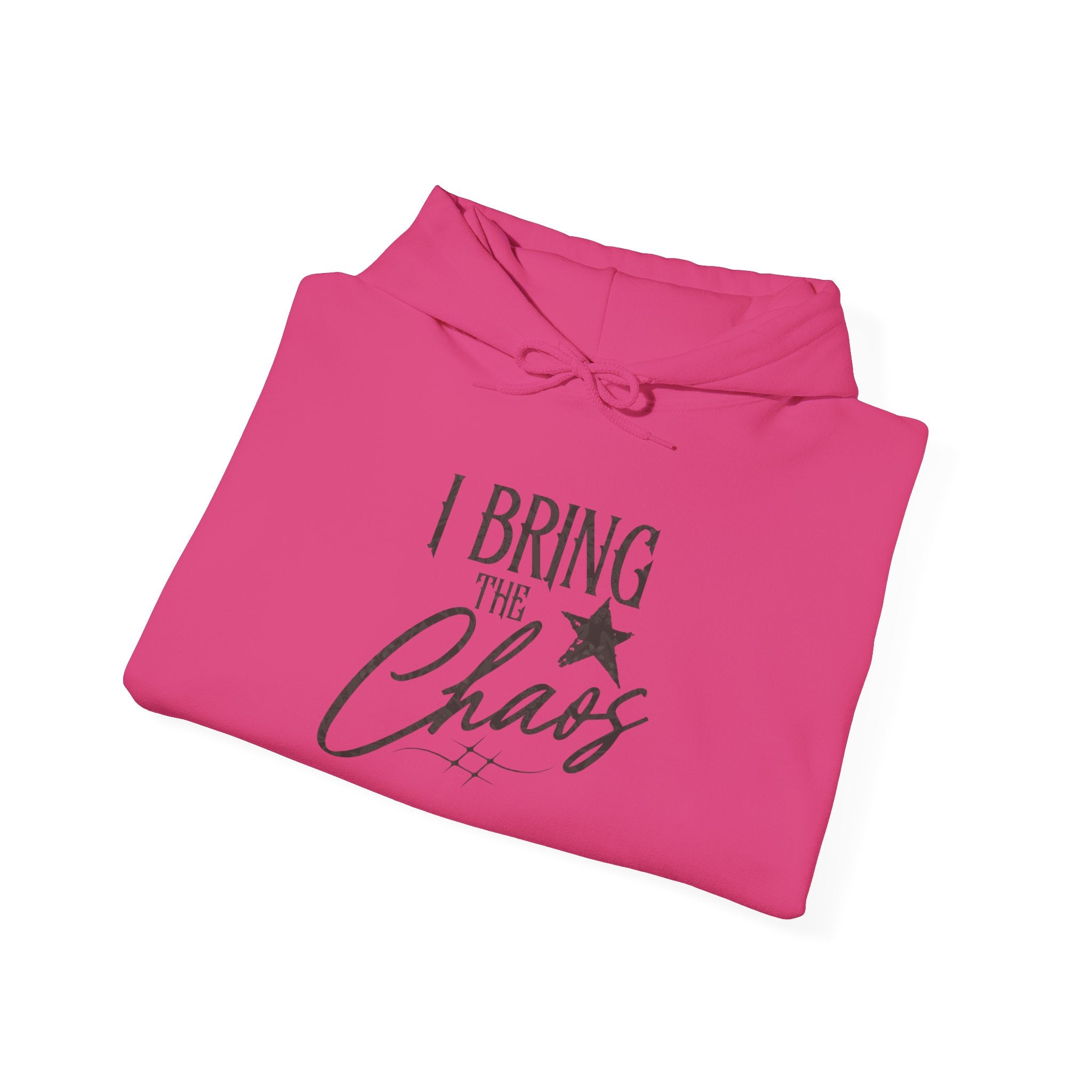 Chaos Hoodie - "I Bring The Chaos" Graphic Hooded Sweatshirt with Sleeve Text