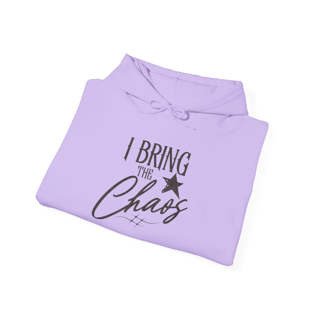 Chaos Hoodie - "I Bring The Chaos" Graphic Hooded Sweatshirt with Sleeve Text