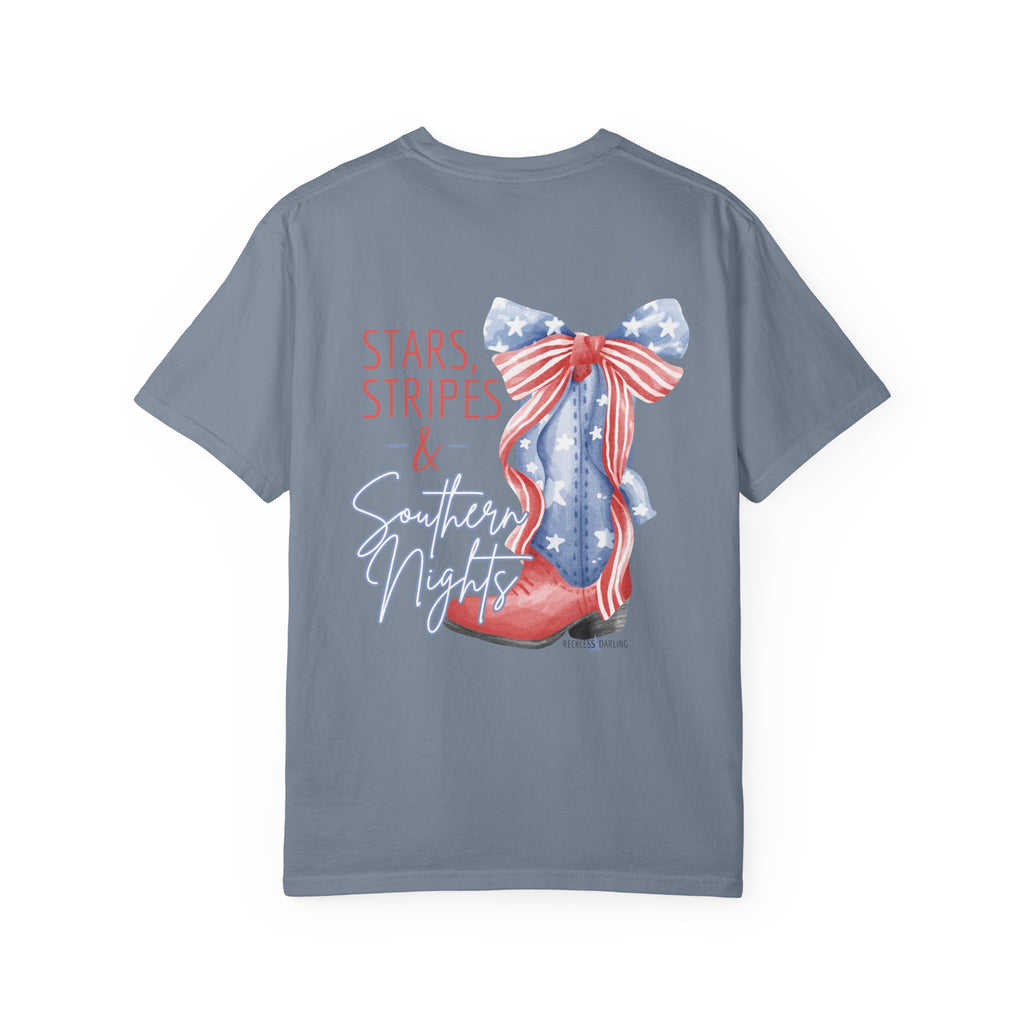 Patriotic Cowboy Boot T-Shirt — "Stars, Stripes & Southern Nights" Design