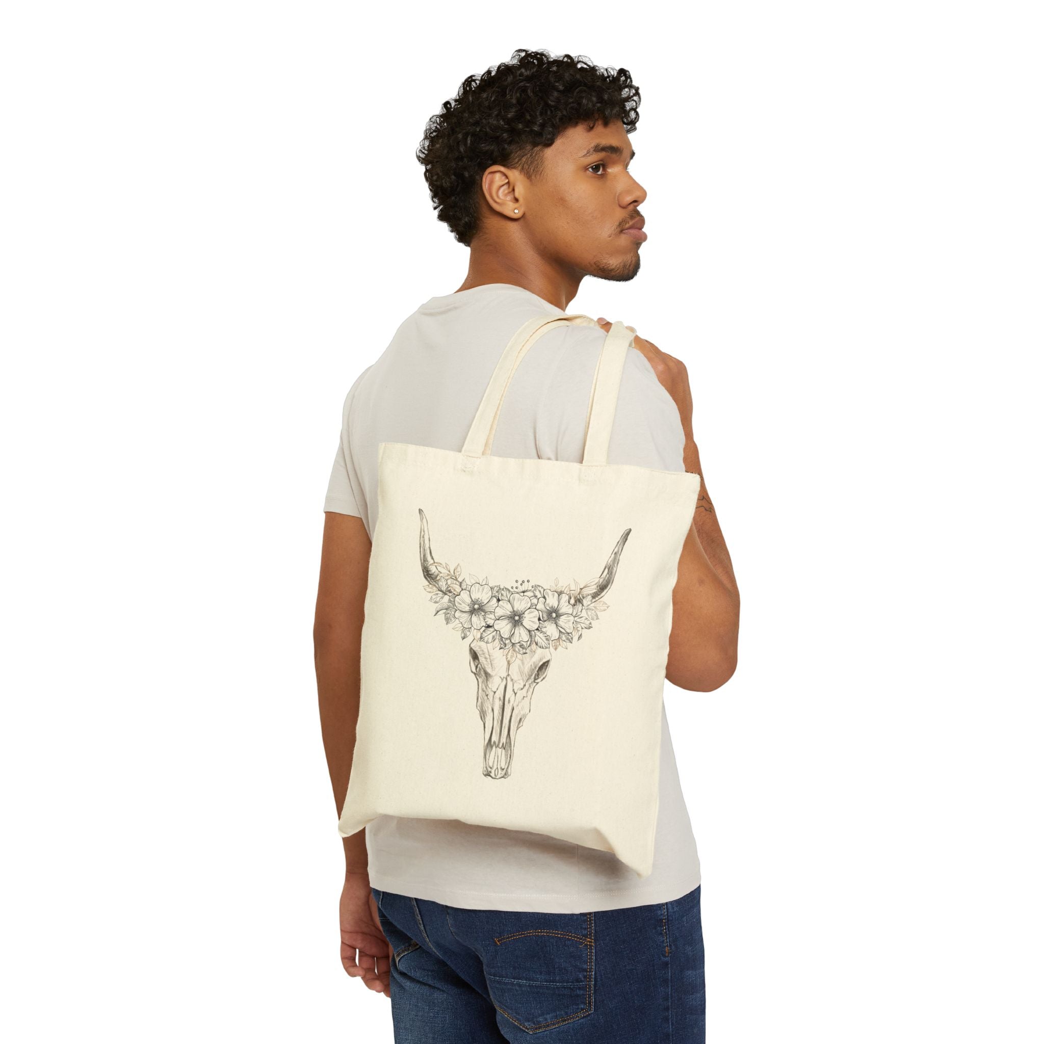 Floral Bull Skull Tote — "Reckless Darling" Cotton Canvas Bag