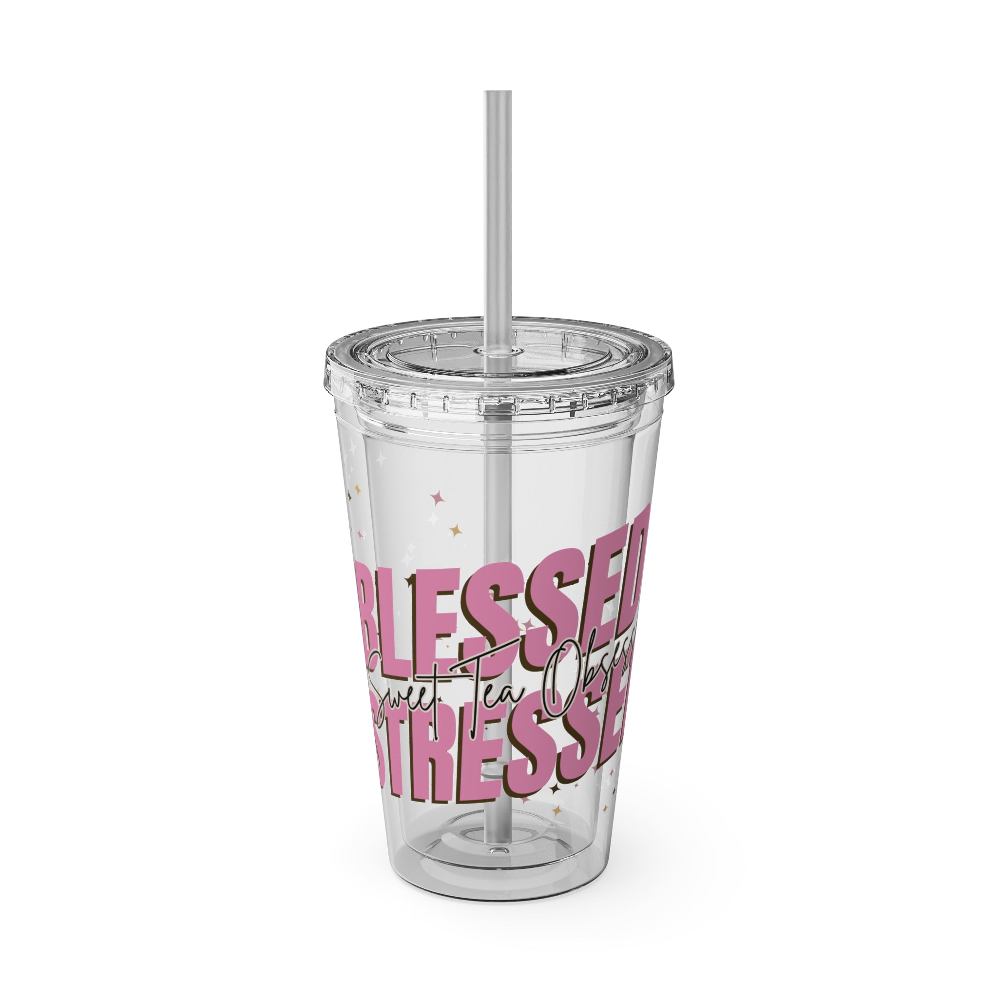 Blessed & Stressed 16oz Tumbler with Straw – Clear Pink Script, Motivational Travel Cup
