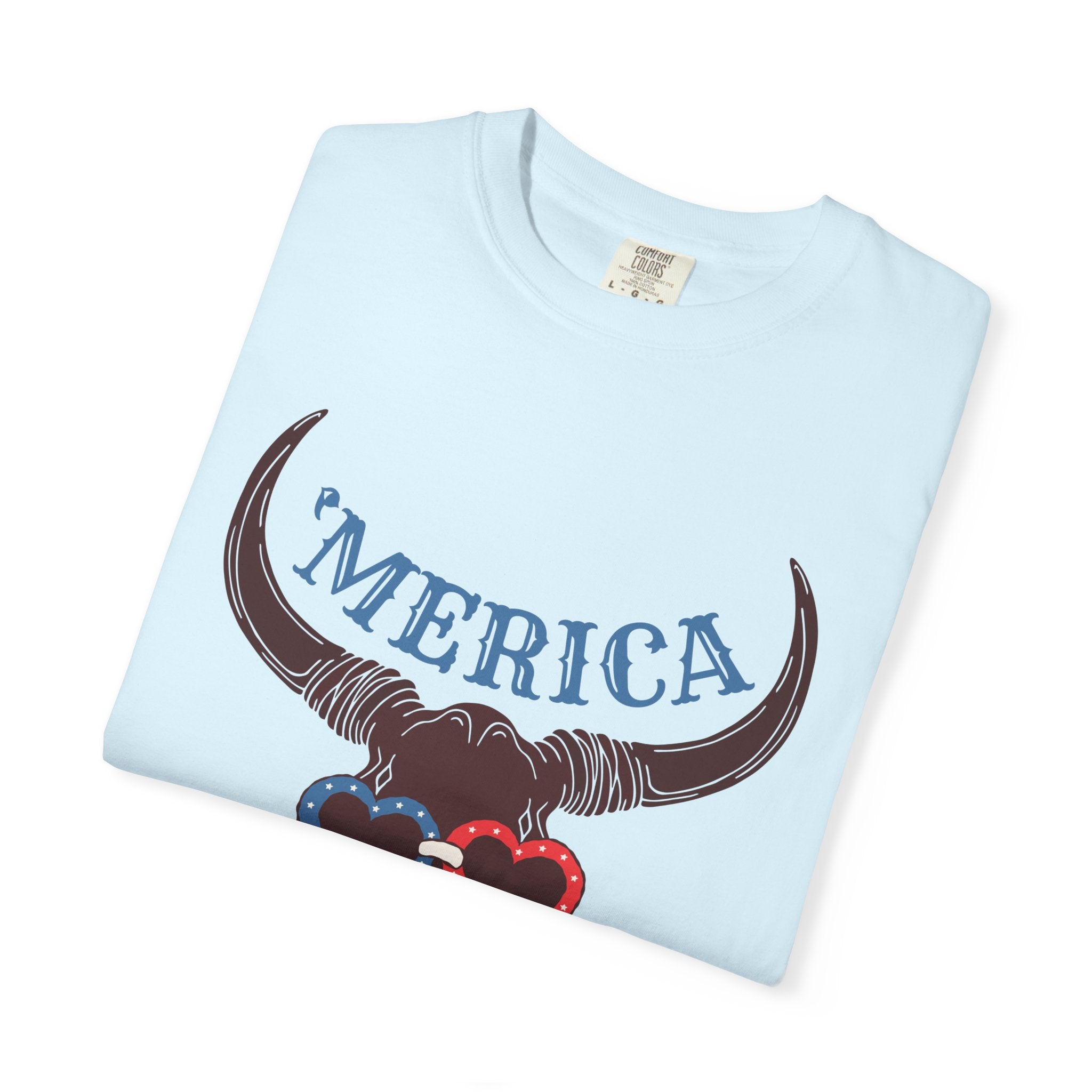 'Merica Longhorn T-Shirt — Patriotic Skull with Red & Blue Heart Sunglasses