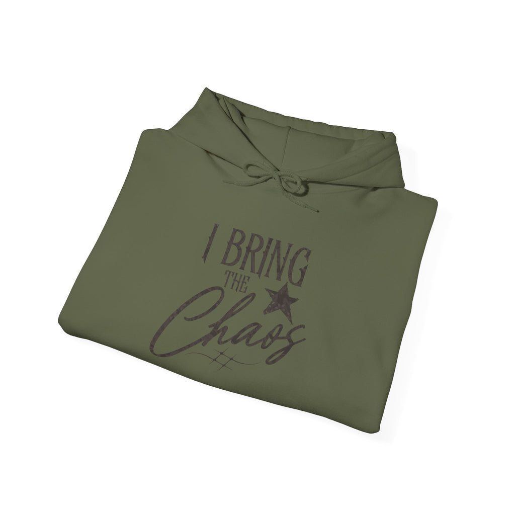 Chaos Hoodie - "I Bring The Chaos" Graphic Hooded Sweatshirt with Sleeve Text