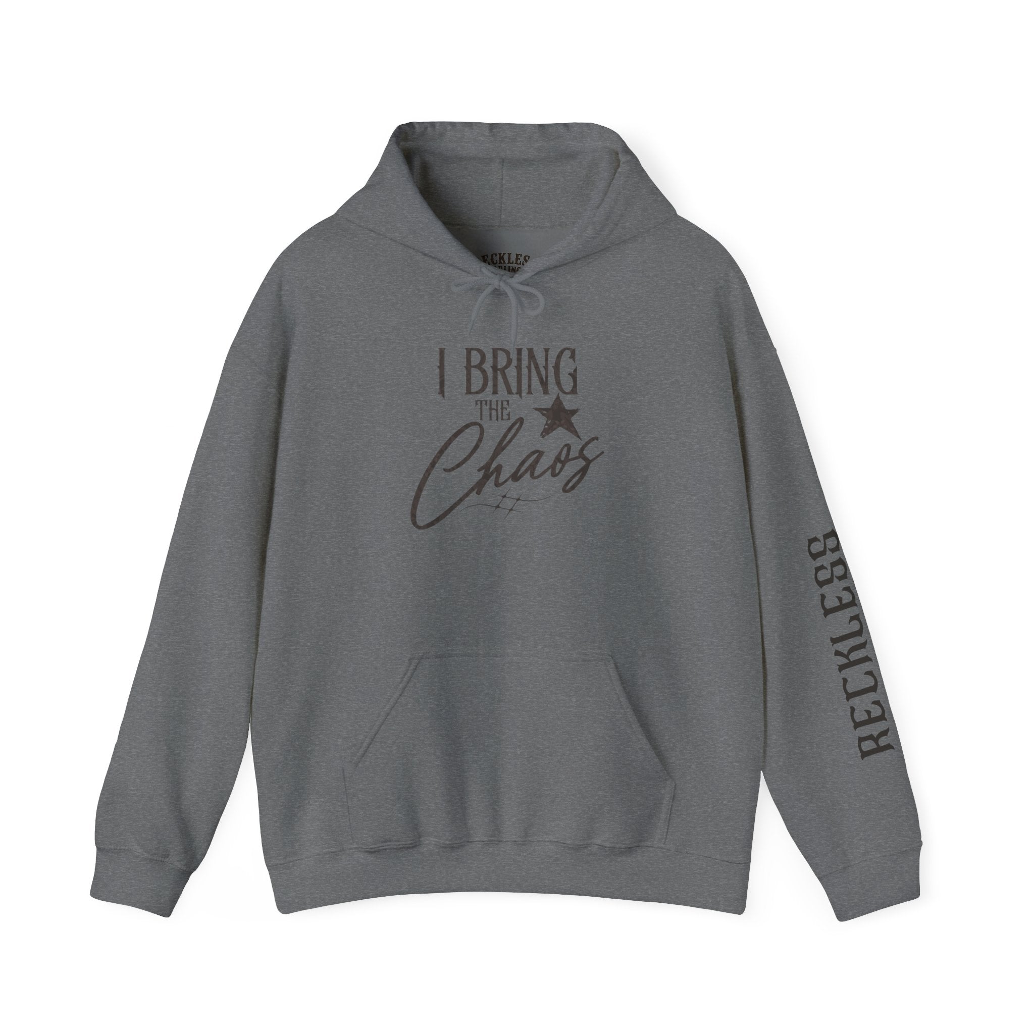 Chaos Hoodie - "I Bring The Chaos" Graphic Hooded Sweatshirt with Sleeve Text
