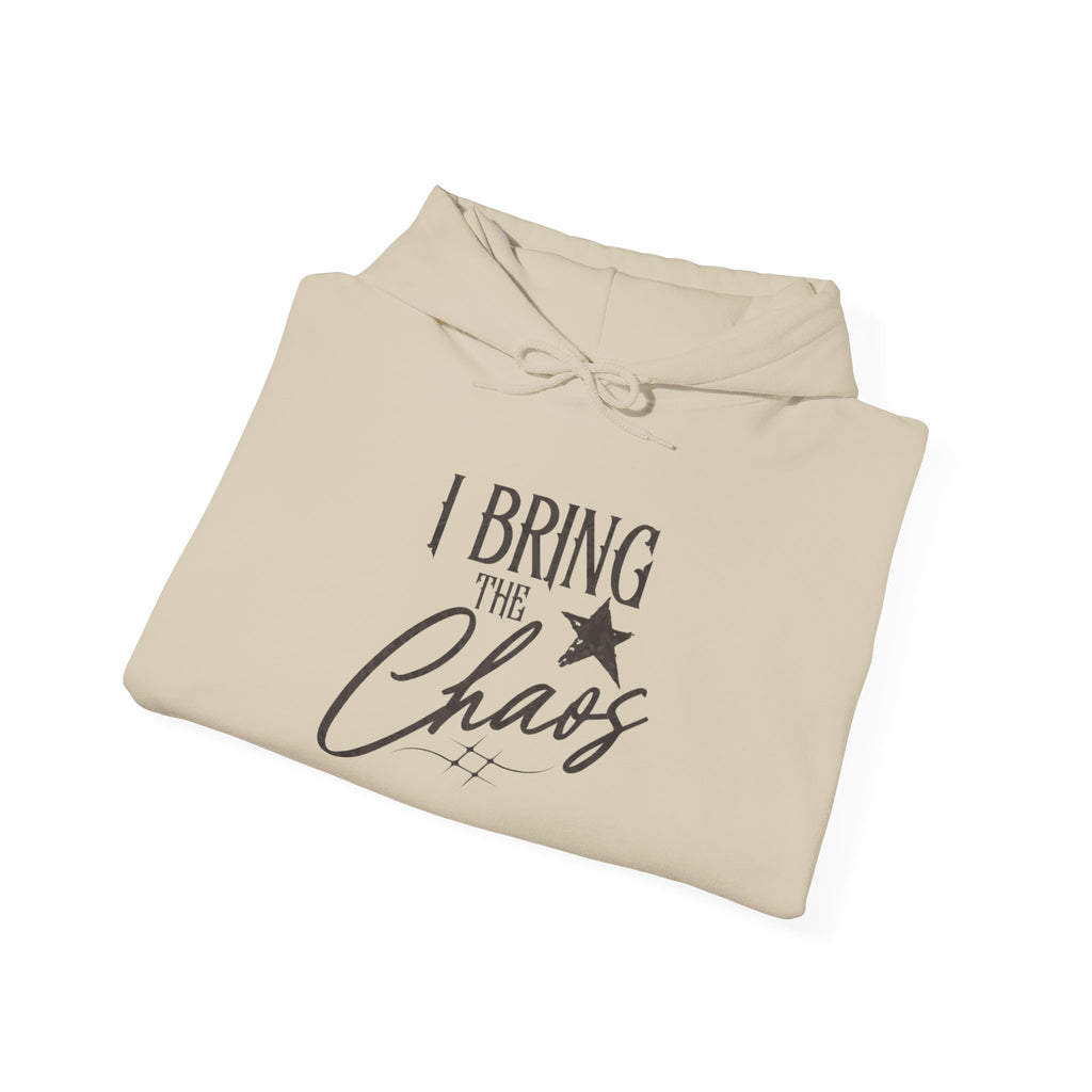 Chaos Hoodie - "I Bring The Chaos" Graphic Hooded Sweatshirt with Sleeve Text