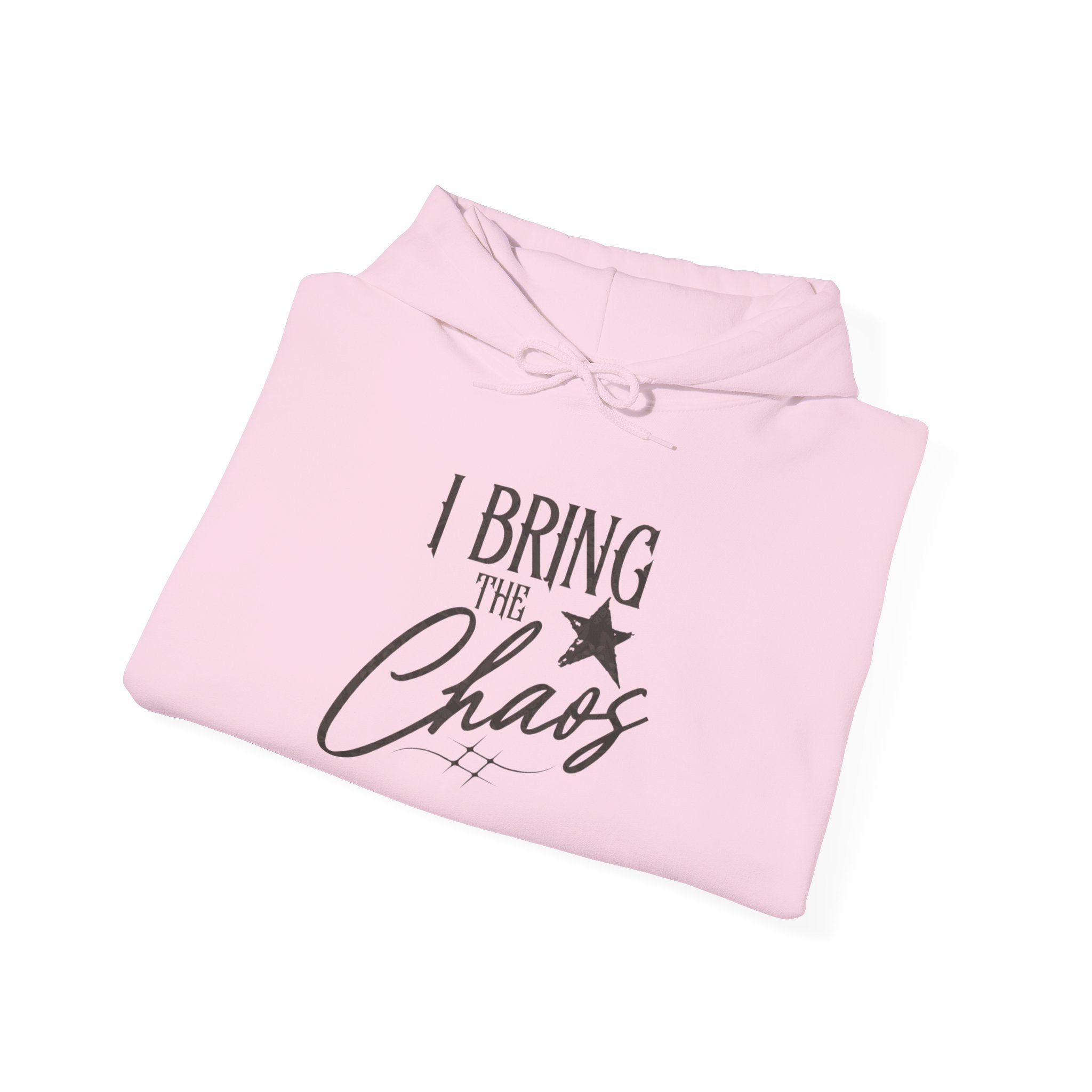 Chaos Hoodie - "I Bring The Chaos" Graphic Hooded Sweatshirt with Sleeve Text